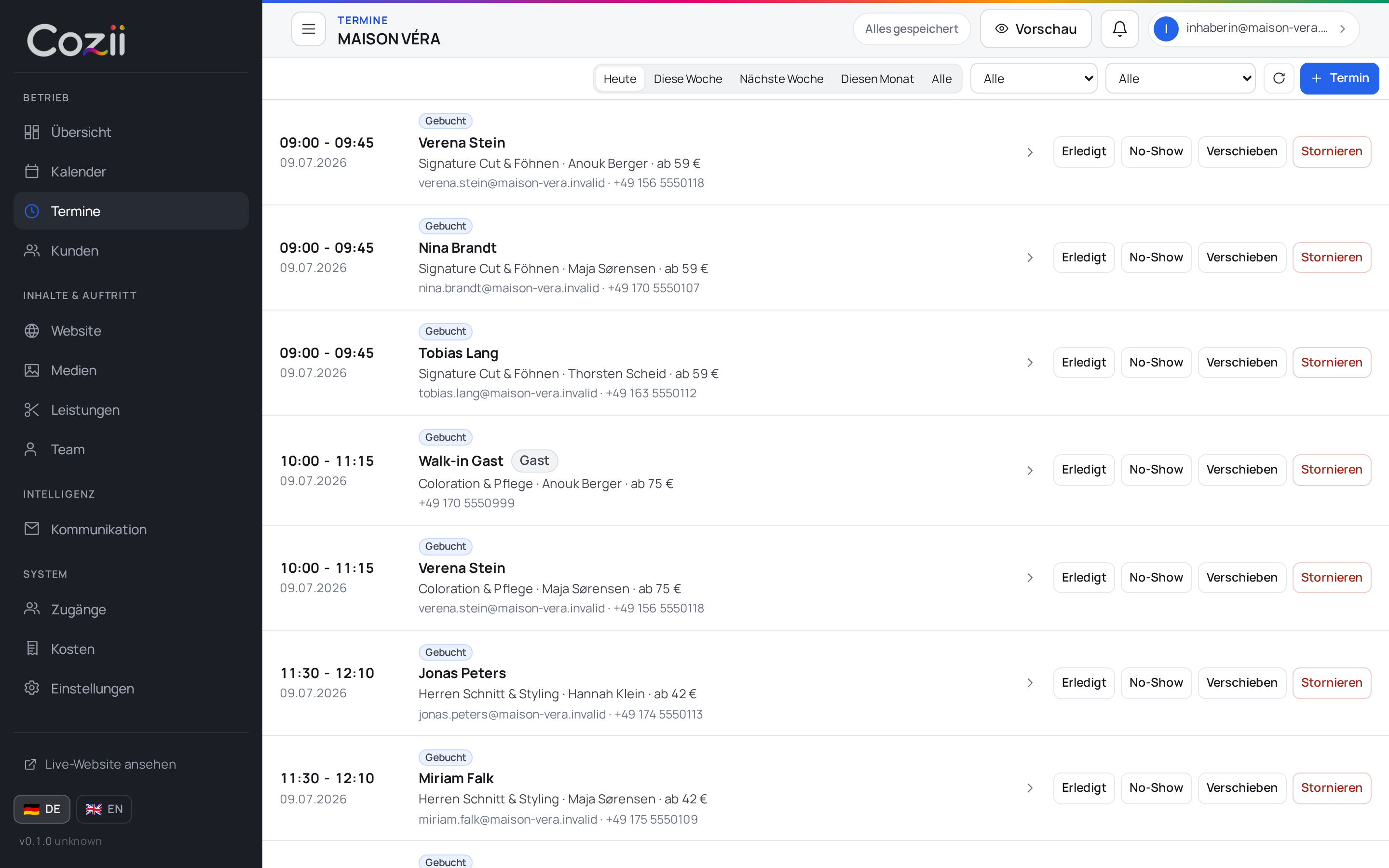 Terminübersicht mit Status in cozii