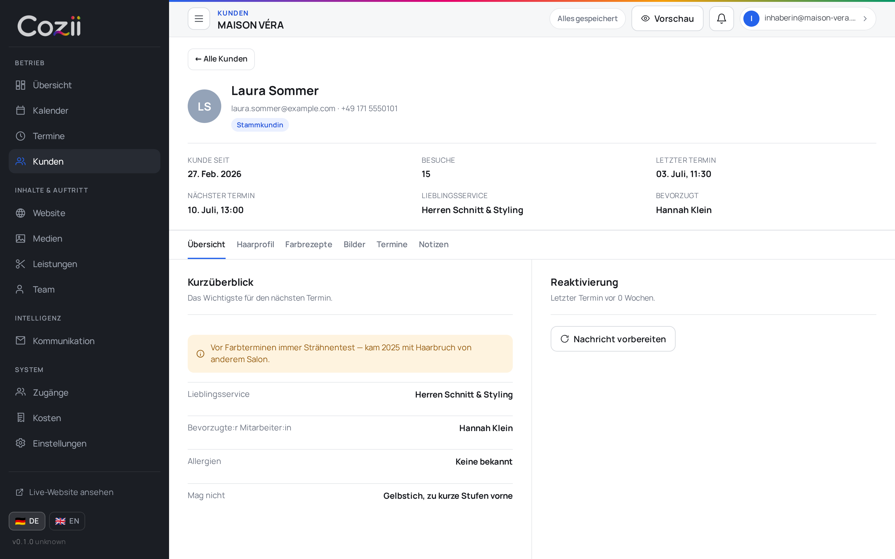 Kundenkartei mit Haarprofil im cozii Salon-Portal
