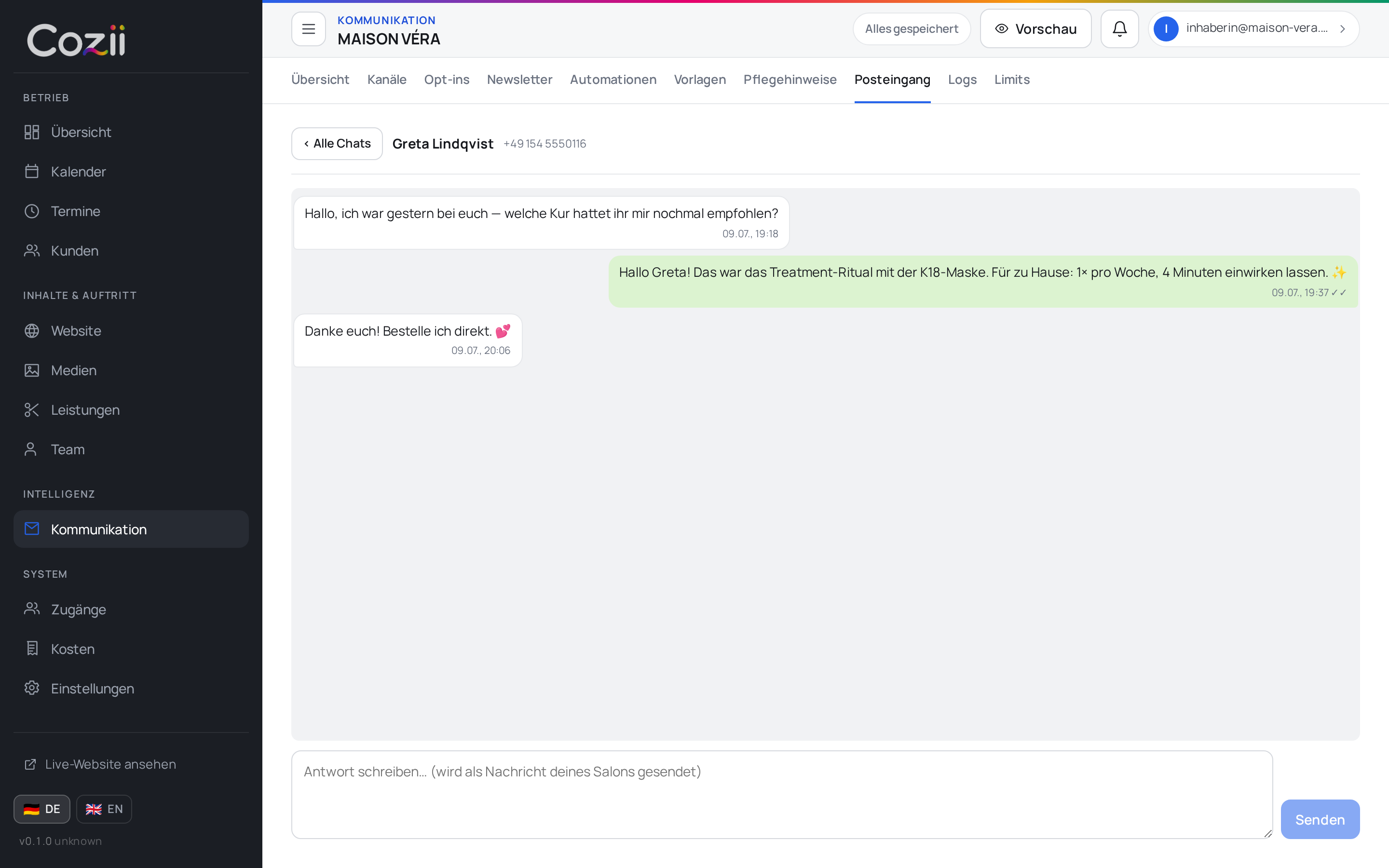 WhatsApp-Posteingang im cozii Salon-Portal