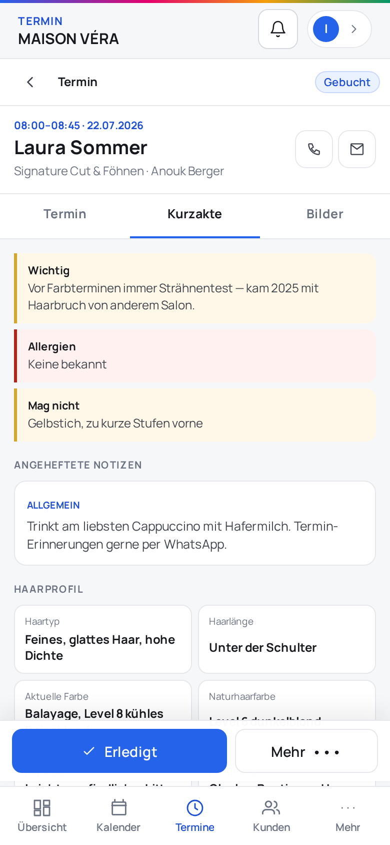 Mobile Kurzakte mit Allergiehinweisen, Haarprofil und Farbrezeptur